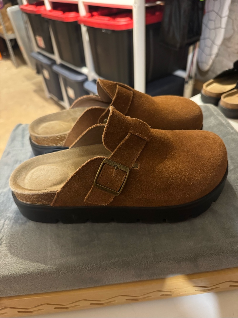 Women’s Suede Buckle Clog Mule in Chestnut Brown